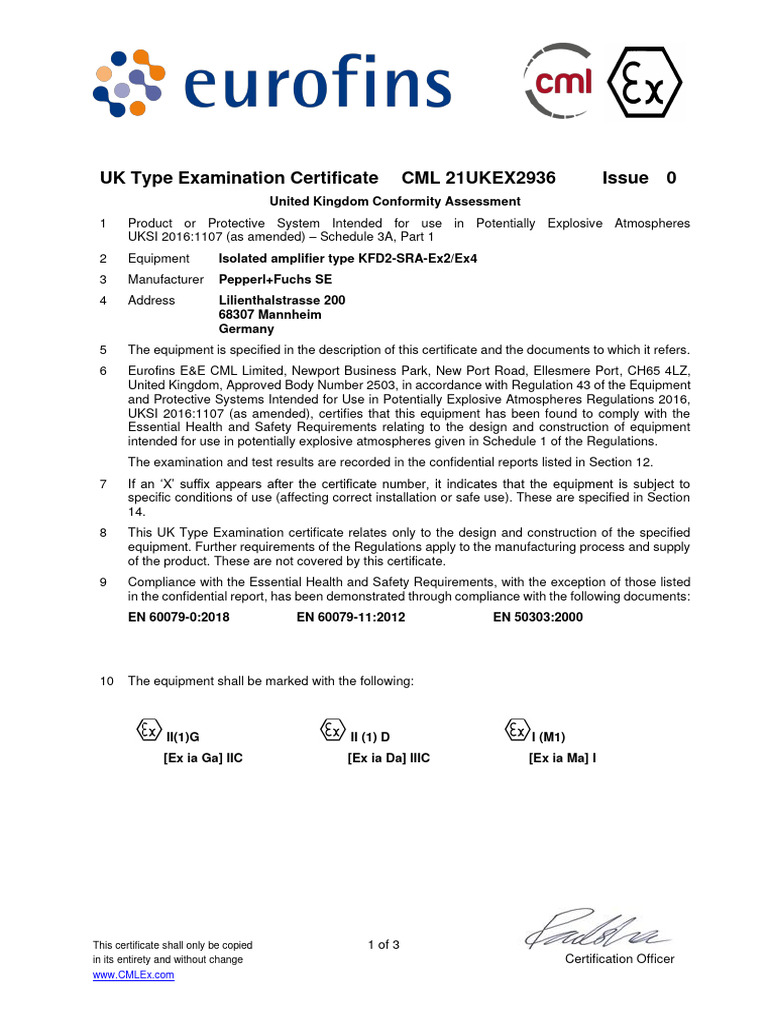 UK Type Examination Certificate KFD2-SRA-Ex2 | PDF | Safety ...