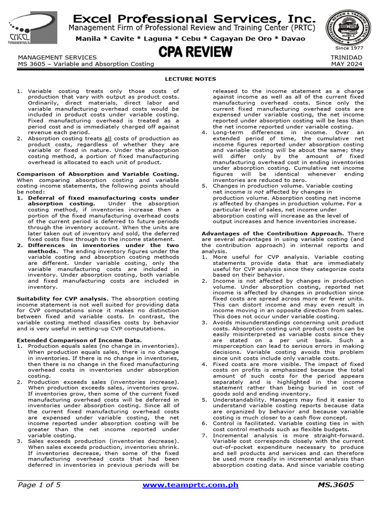 Difference Between Variable And Absorption Costing Pdf