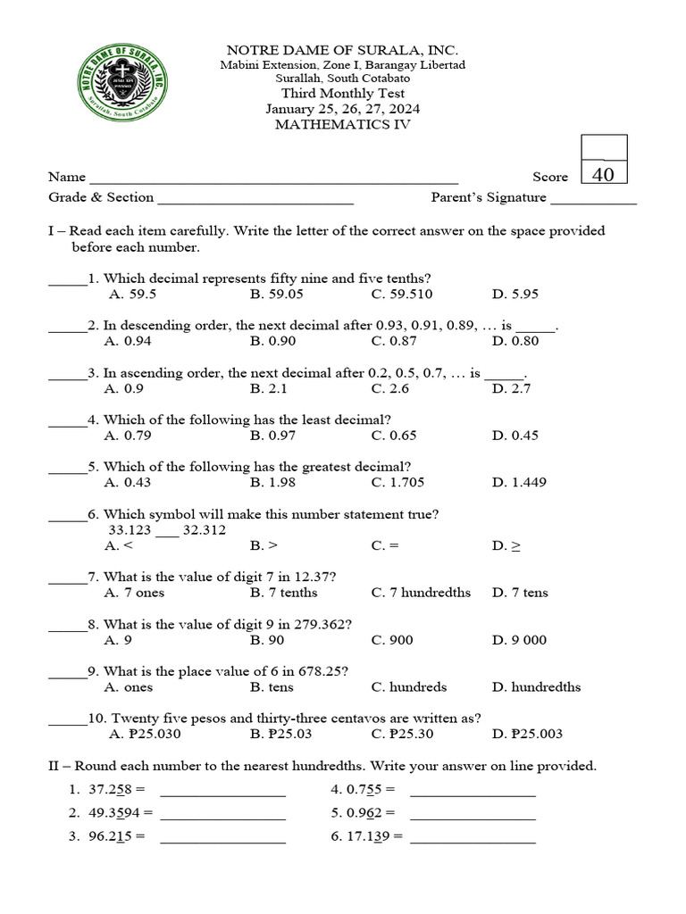Math4 3me | PDF | Numbers | Decimal