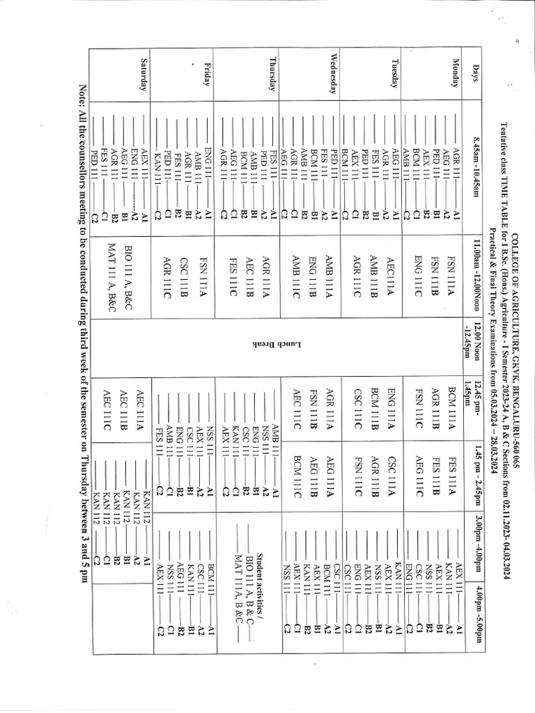 I Year I Sem Time Table Pdf