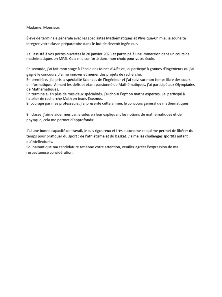 Lettre de motivation licence maths MPSI PDF Mathématiques — free download