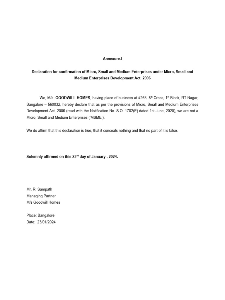 Non-MSME Declaration Format | PDF | Finance & Money Management