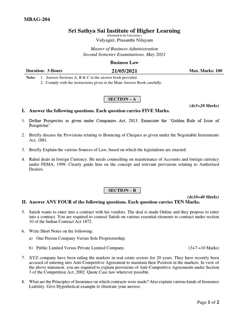 MBA Business Law Exam Questions 2021 | PDF | Business | Business Law