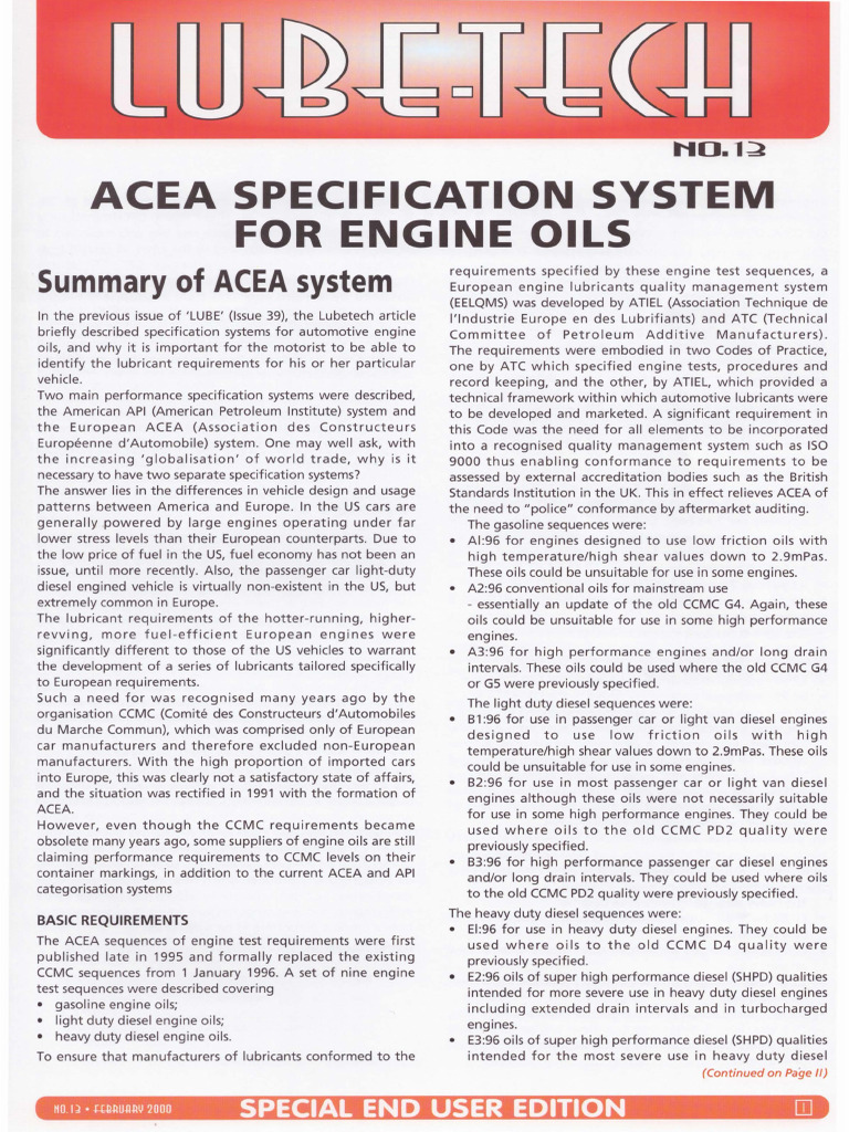 ACEA Engine Oil Specifications Guide | PDF | Alkane | Wax