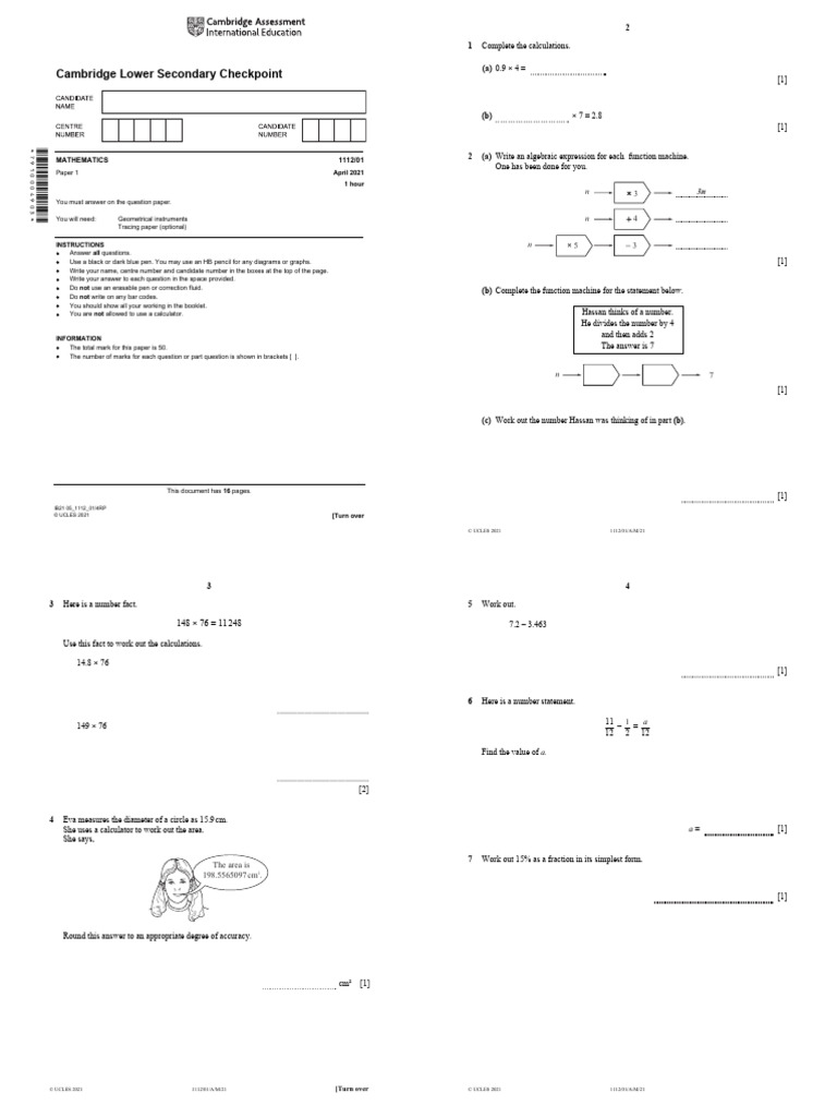 Cambridge Lower Secondary Math Checkpoint | PDF | Length | Mathematics