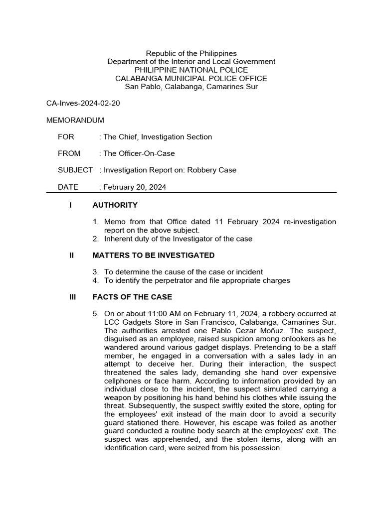 Sample Format of Investigation Report 1 | PDF | Police | Law Enforcement