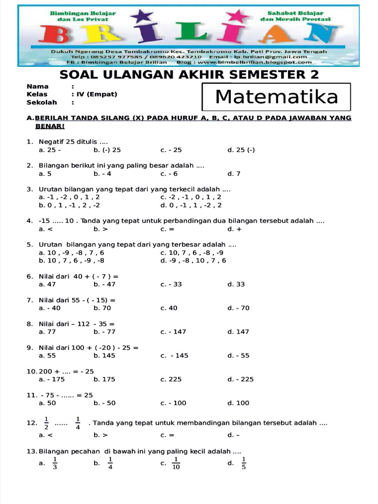 Soal UAS Matematika Kelas 4 Semester 2 | PDF