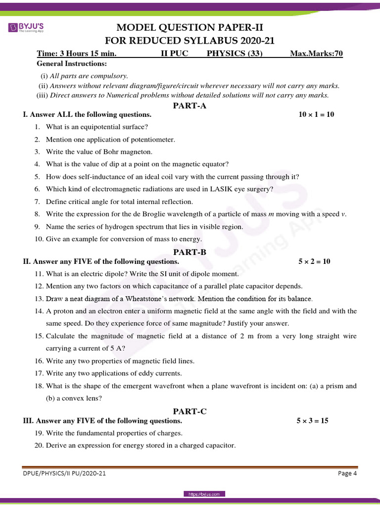 KSEEB II PU PHYSICS Model Question Paper 2020 21 Set 2 | PDF ...