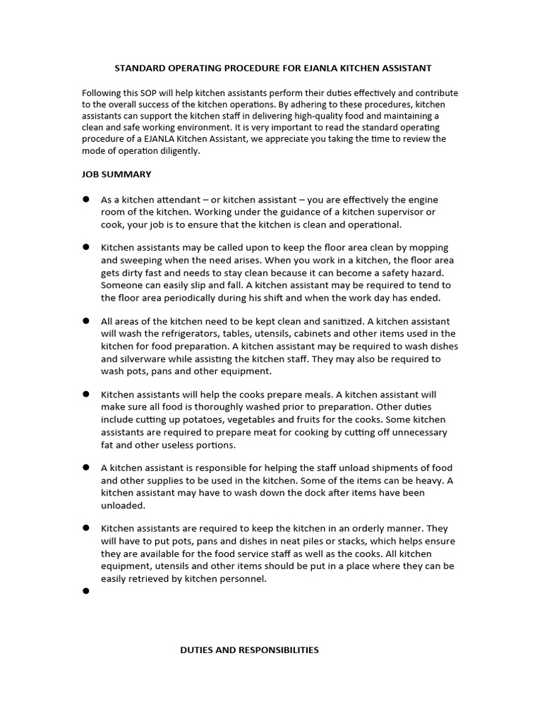 SOP for Ejanla Kitchen Assistant | PDF | Kitchen | Food Safety