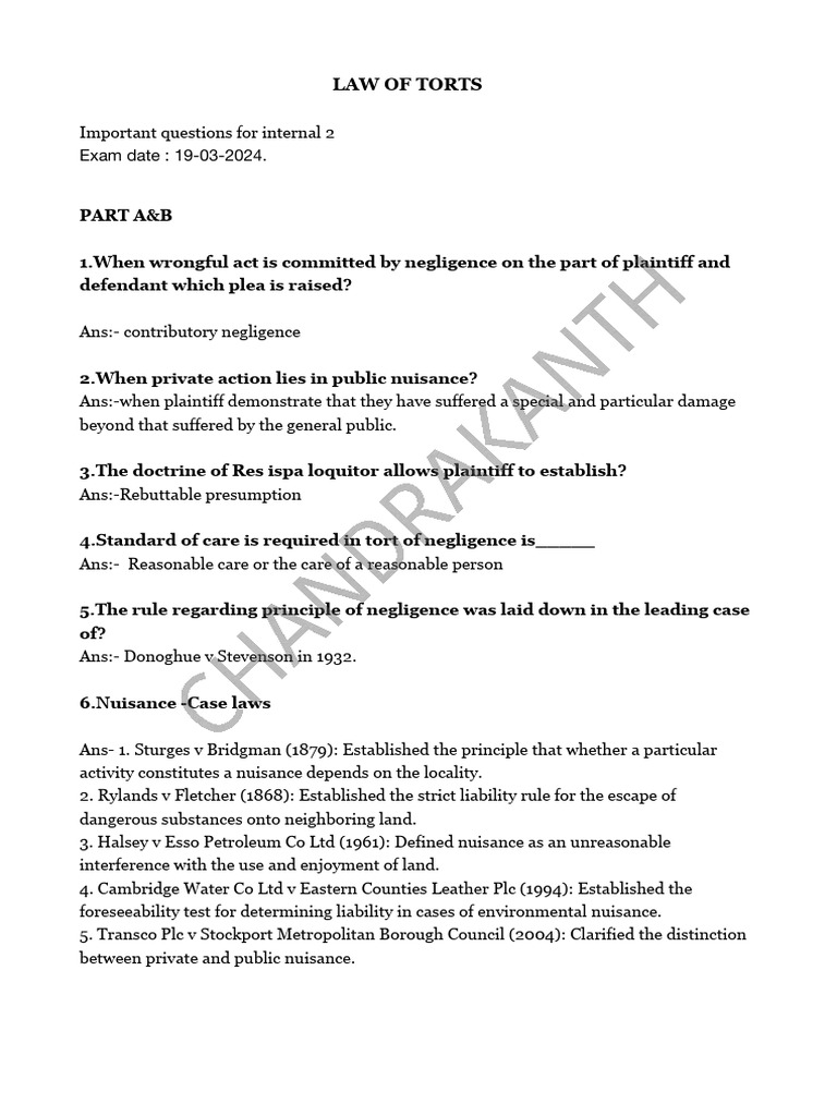 Key Concepts in Law of Torts Exam | PDF | Defamation | Tort