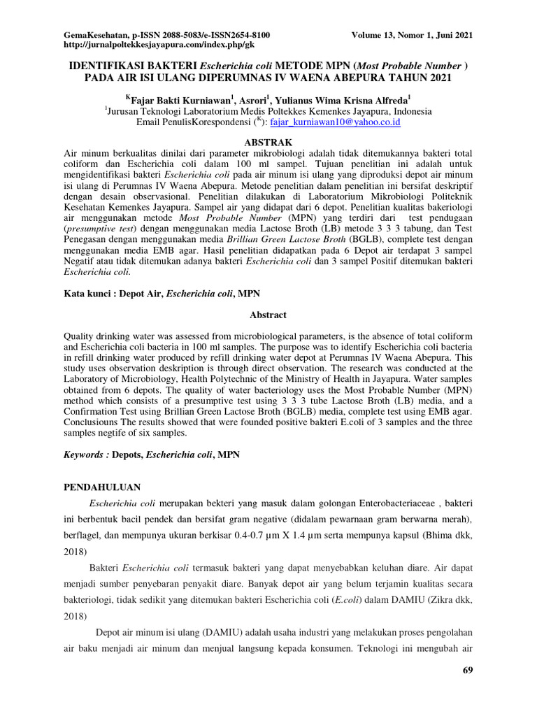Identifikasi E. coli di Air Isi Ulang 2021 | PDF