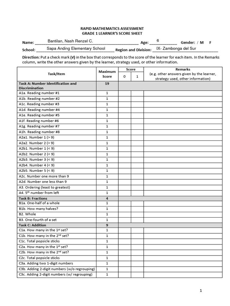 RMA - Grade 1 - Learner - S Scoring Sheet - 17 June 2023 | PDF ...