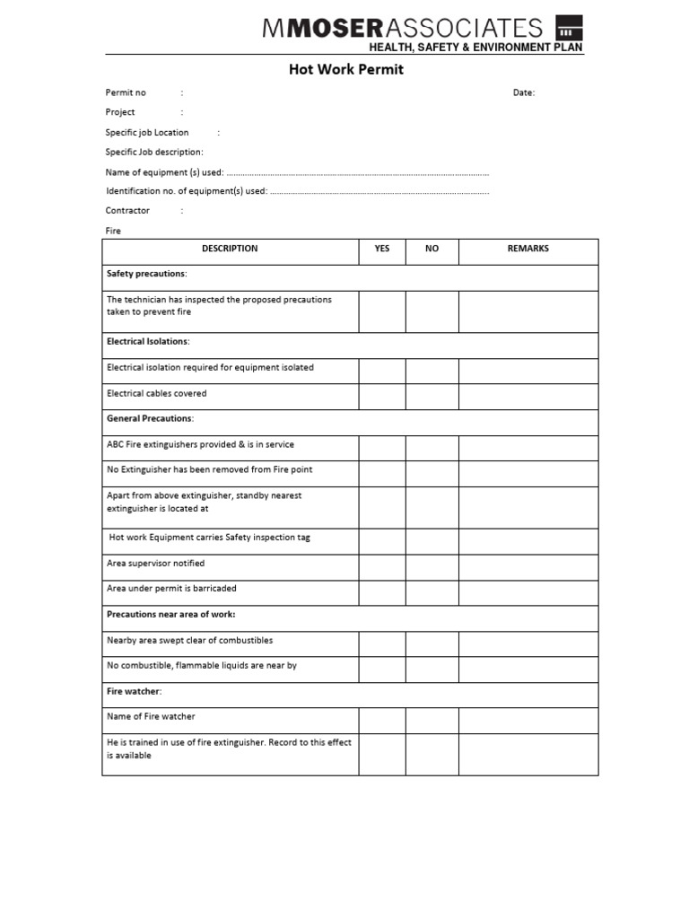 Hot Work Safety Permit Checklist | PDF | Fires | Occupational Safety ...