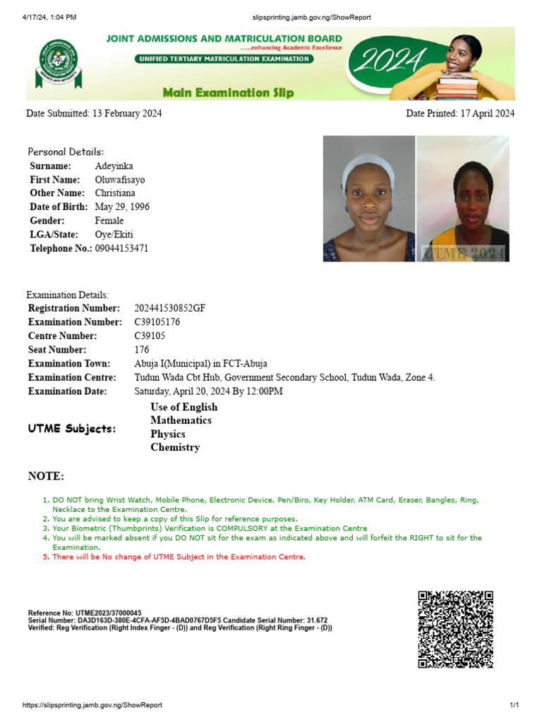 Slipsprinting.jamb.Gov.ng ShowReport PDF