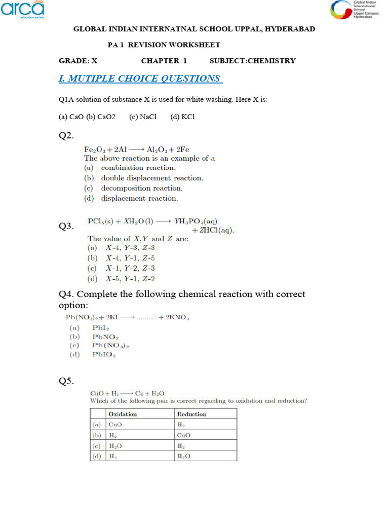 Grade X Chemistry Revision Worksheet | PDF | Chemical Reactions | Oxide