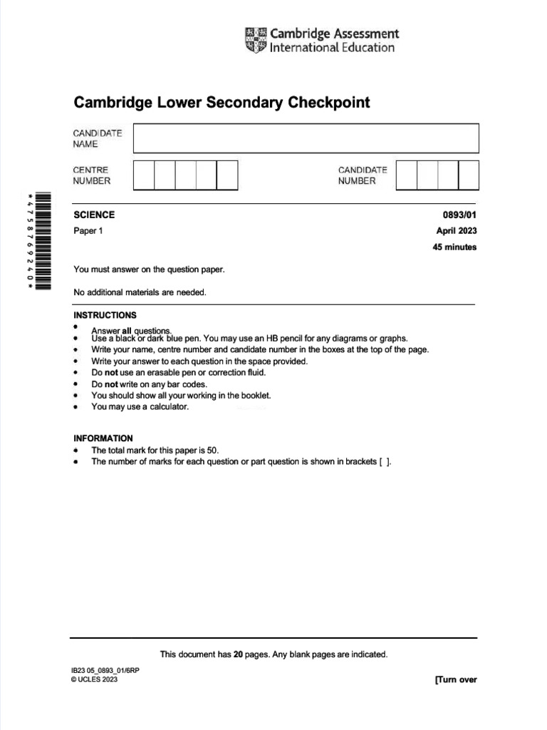 Cambridge Science Checkpoint April 2023 | PDF | Chloride | Density