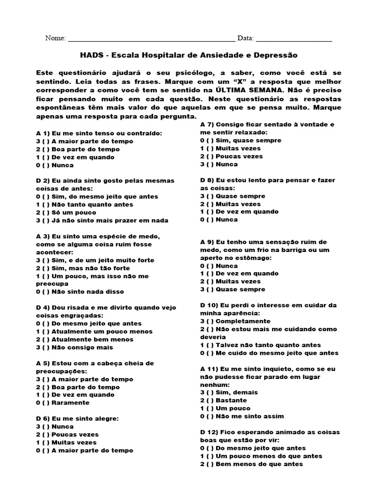 HADS - Depressão e Ansiedade | PDF | Tempo | Ansiedade