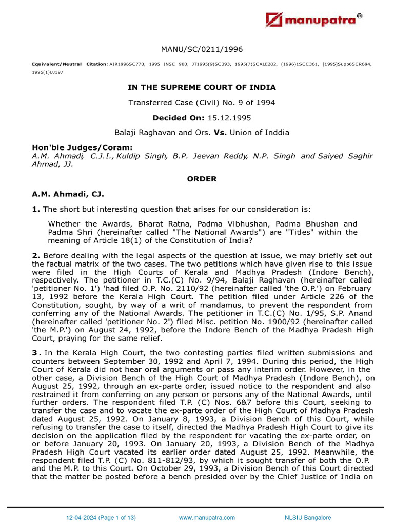 Supreme Court Ruling on National Awards | PDF | Government