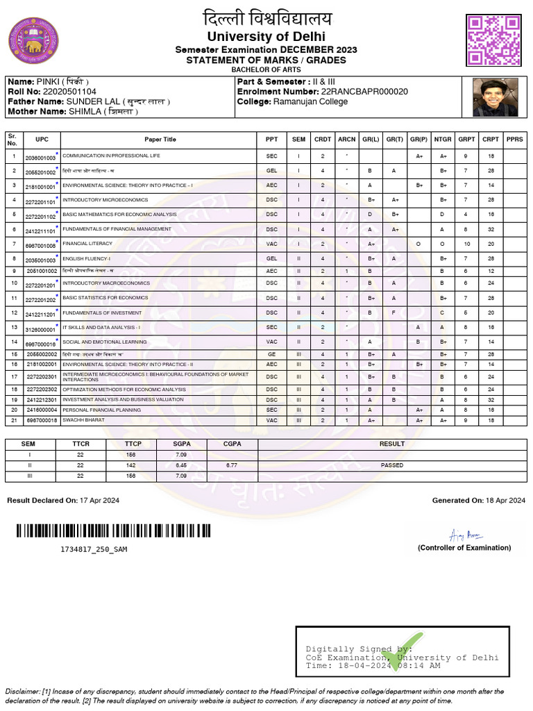 DU BA Semester Exam Result 2023 | PDF | Economics | Economies