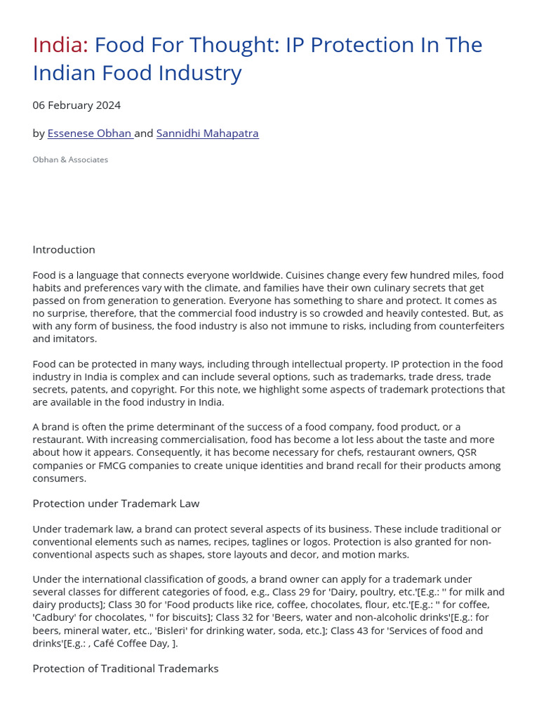 India - Food For Thought - IP Protection in The Indian Food Industry ...