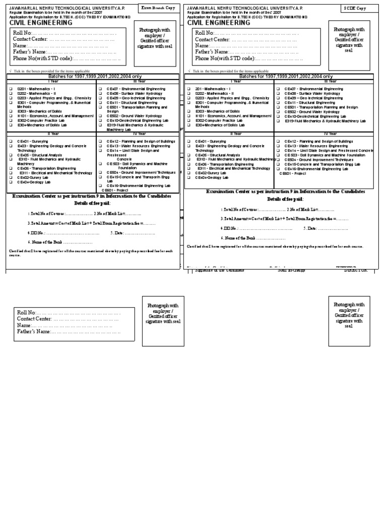 B.Tech Civil Engineering Exam Hall Ticket | PDF | Machine (Mechanical ...