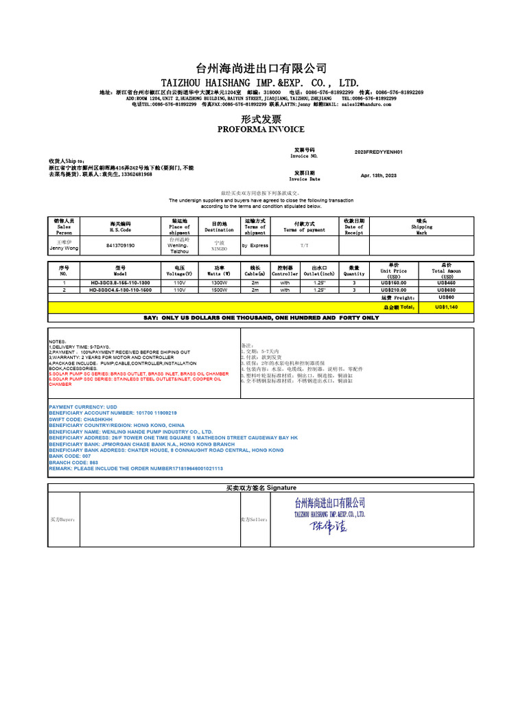Proforma Invoice for Solar Pumps | PDF