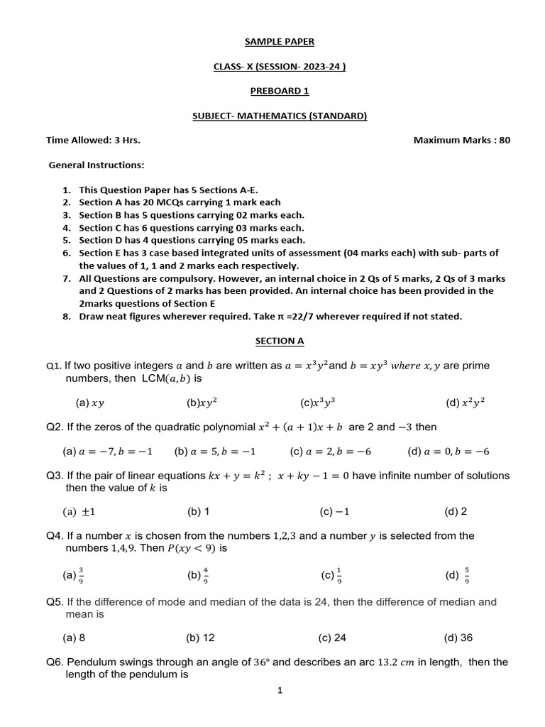 Pre Board | PDF | Circle | Mathematics