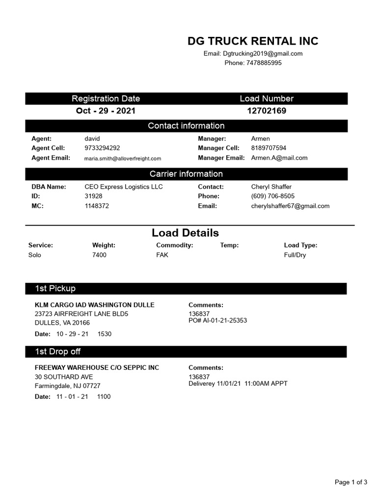 DG Truck Rental Load Confirmation Details | PDF | Cargo | Transport