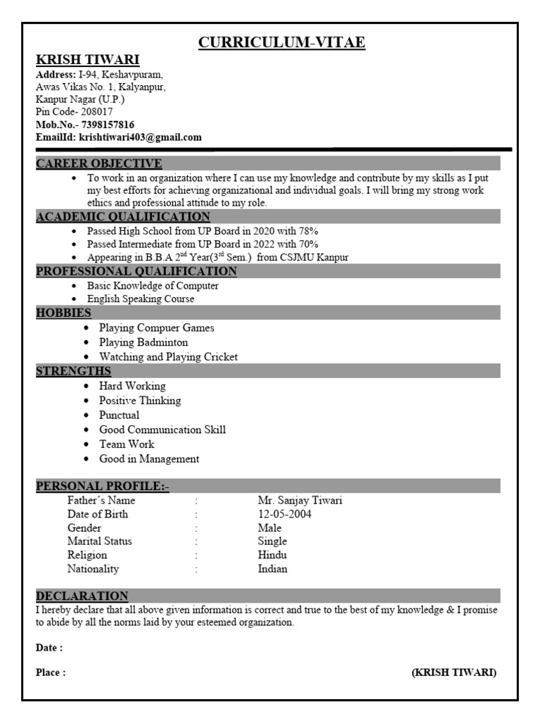 CV of Krish Tiwari - English Course Graduate | PDF | Sports & Recreation