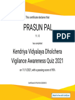 Certificate For PRASUN PAL For - Kendriya Vidyalaya Dholcher...
