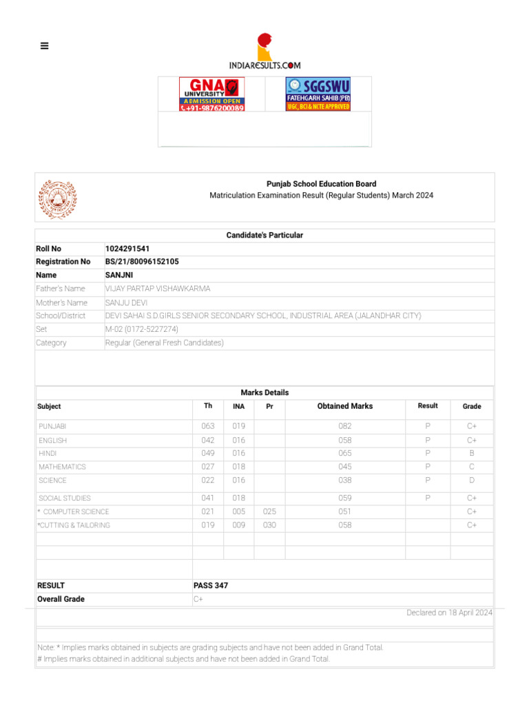 Matriculation Examination Result (Regular Students) March 2024 Punjab