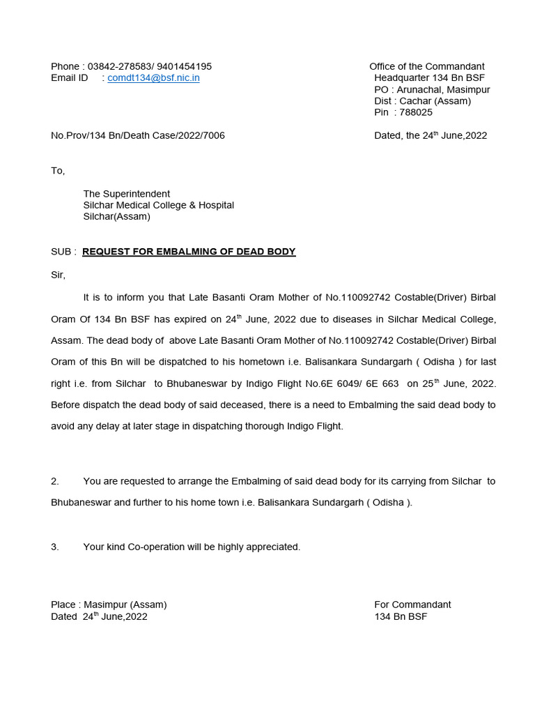 Request for Embalming and Mortuary Care | PDF | Death | Cultural ...