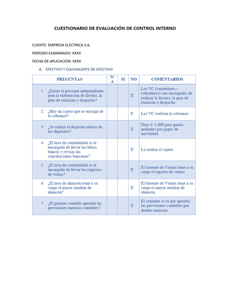 Cuestionario de Evaluación de Control Interno - Empresa Electrica | PDF ...