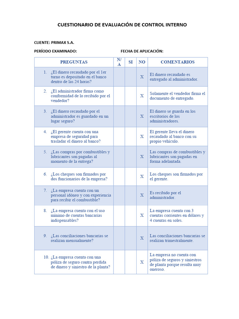 Cuestionario de Evaluación de Control Interno - Primax | PDF | Bancos ...