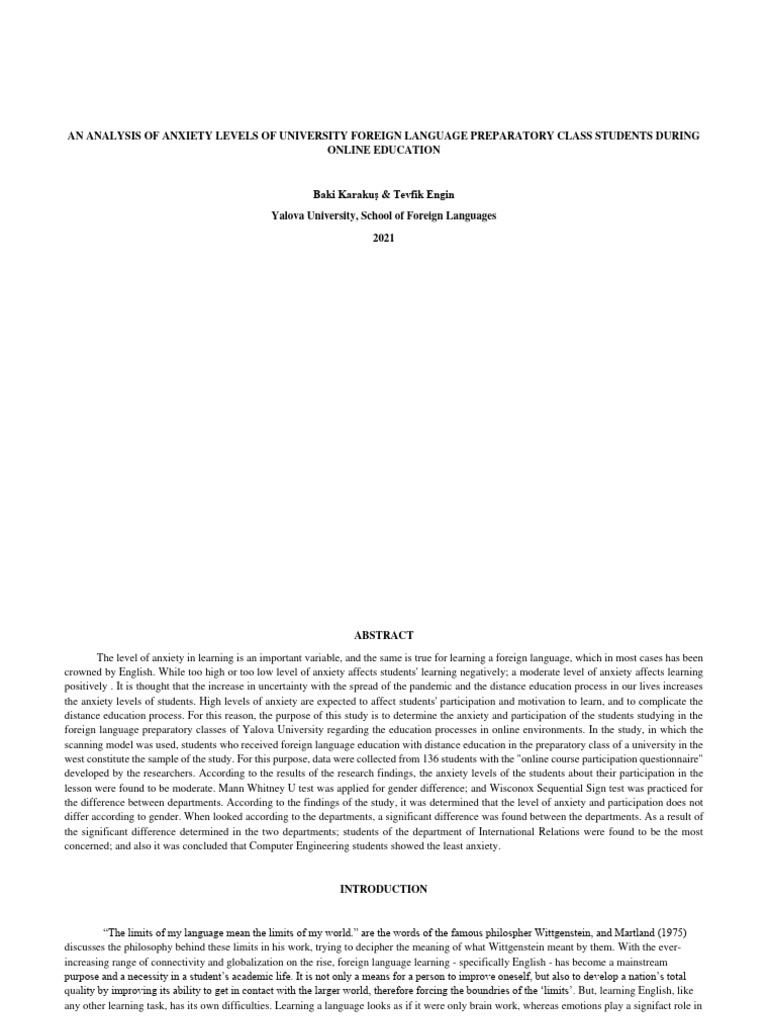 An Analysis of Anxiety Levels of University Foreign Language ...