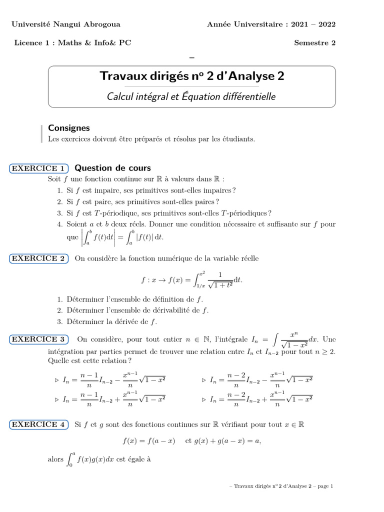 TD Analyse 2 : Intégrales et Équations | PDF | Fonction (Mathématiques ...