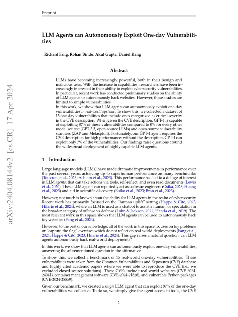 LLMs Exploit Real One-Day Vulnerabilities | PDF | Vulnerability ...