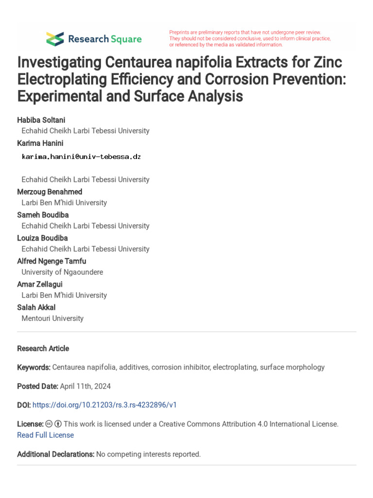 Centaurea Extracts Enhance Zinc Plating | PDF | Corrosion | Scanning ...
