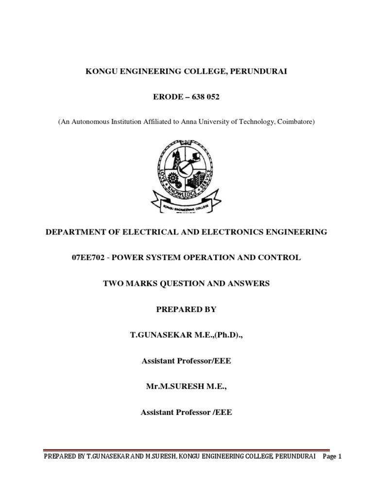 Power System Operation and Control 2 Marks by Mr.M.Suresh Download