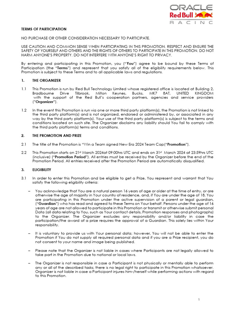 Red Bull Team Cap Promotion Terms | PDF | Legal Liability | Defamation