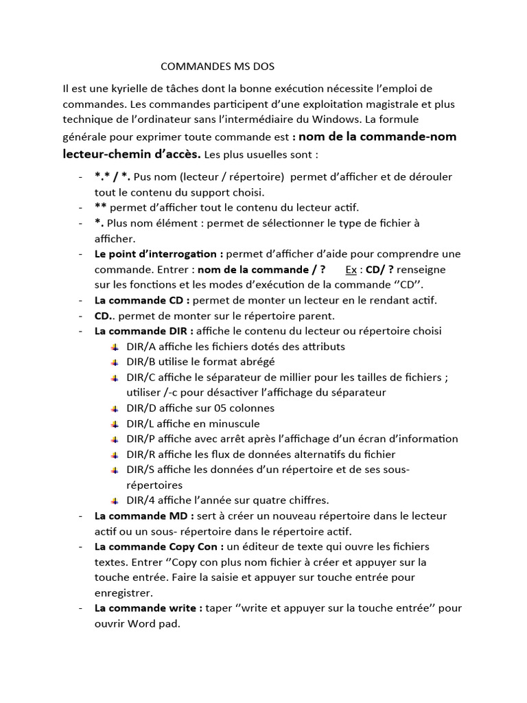 Commandes MS Dos | PDF | Fichier informatique | Répertoire (informatique)