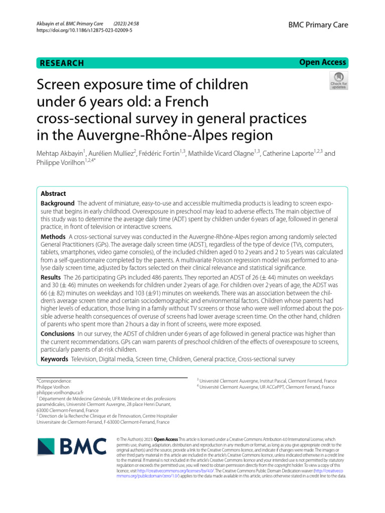 Screen Exposure Time of Children Under 6 Years Old: A French Cross ...