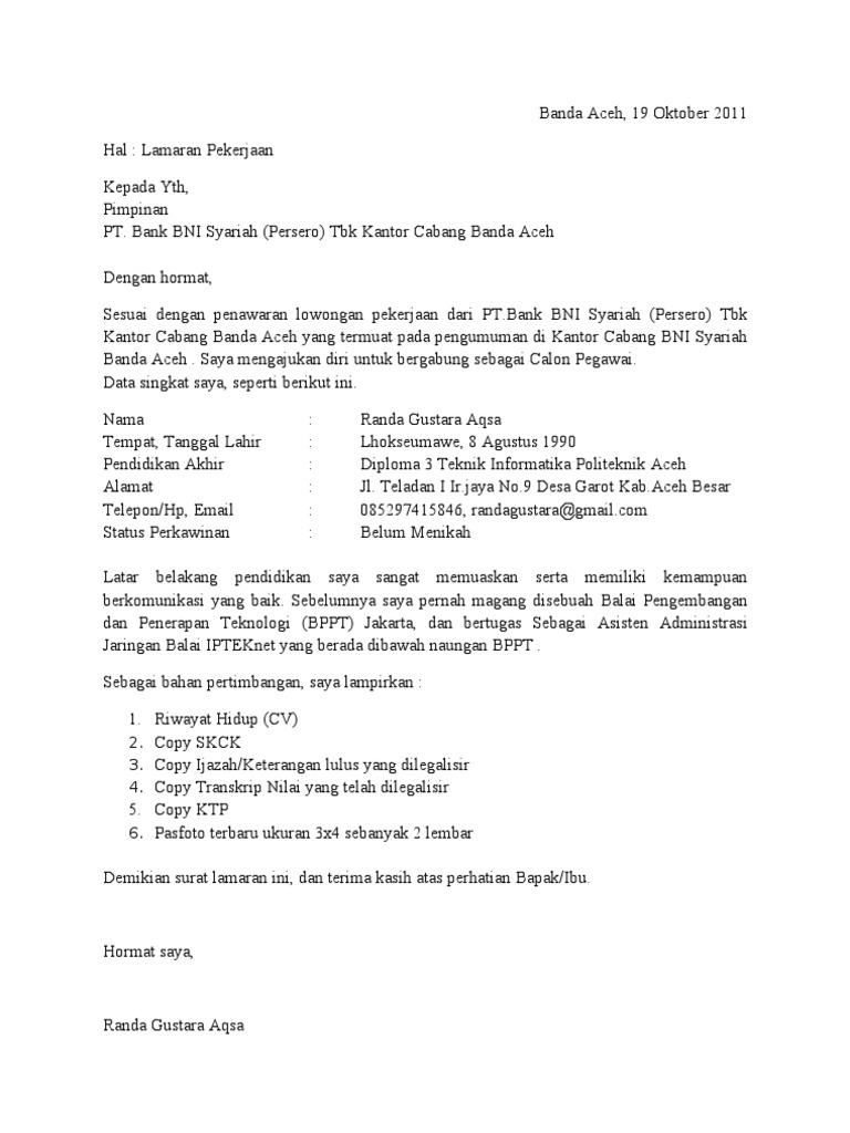 Contoh Surat Lamaran Kerja Bina Bni – Berbagai Contoh