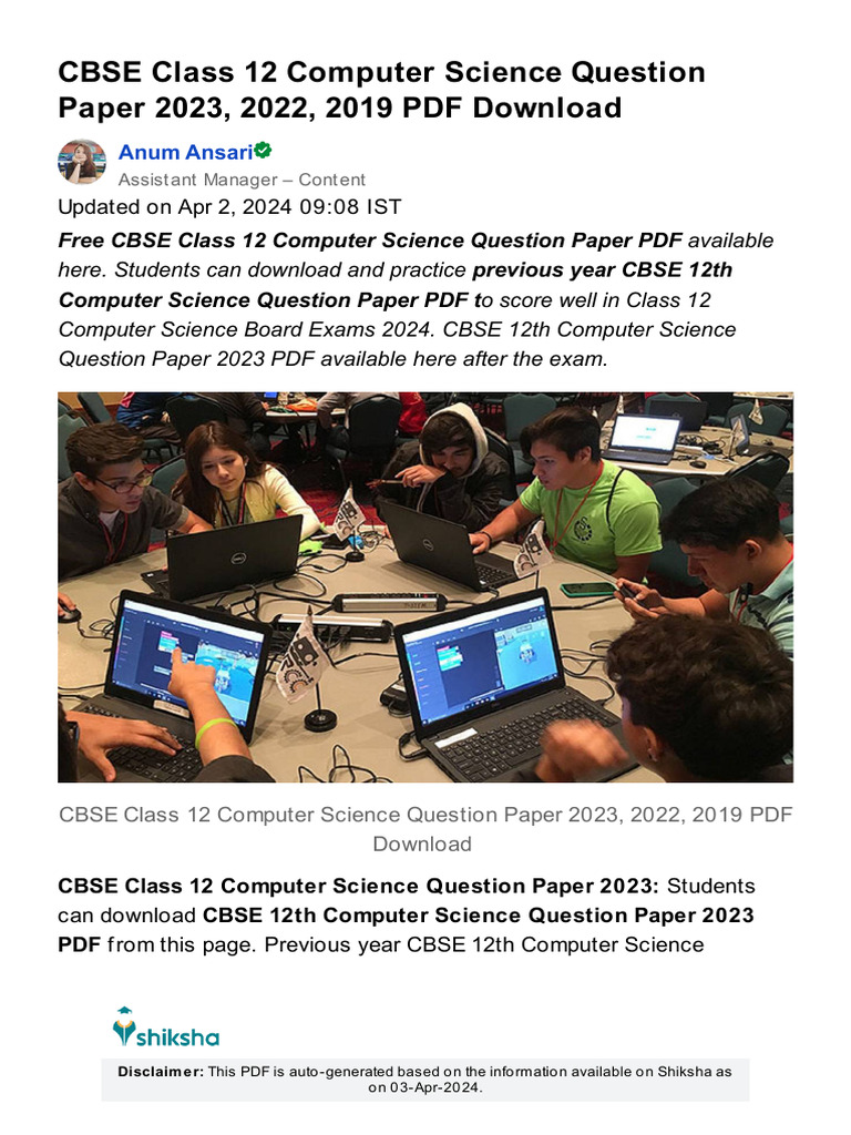 CBSE Class 12 Computer Science Question Paper 2023, 2022, 2019 PDF ...