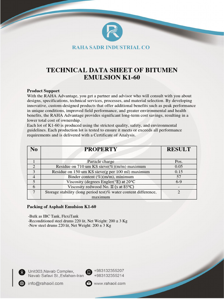 Bitumen Emulsion K1-60 Technical Data Sheet | PDF | Home & Garden