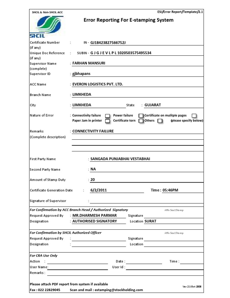 E-Stamping Error Reporting Template | PDF