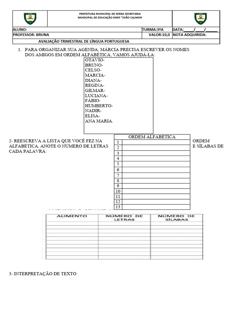 Avaliação LÍNGUA PORTUGUESA 1 TRIMESTRE | PDF