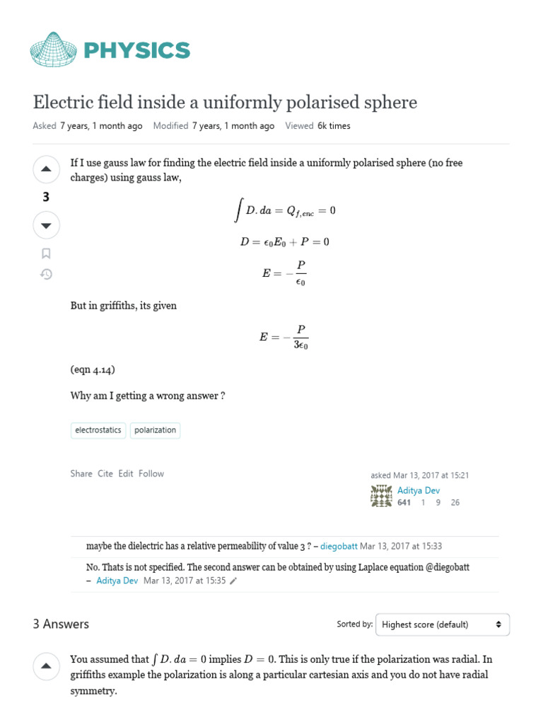Electric Field Inside A Uniformly Polarised Sphere - Physics Stack ...