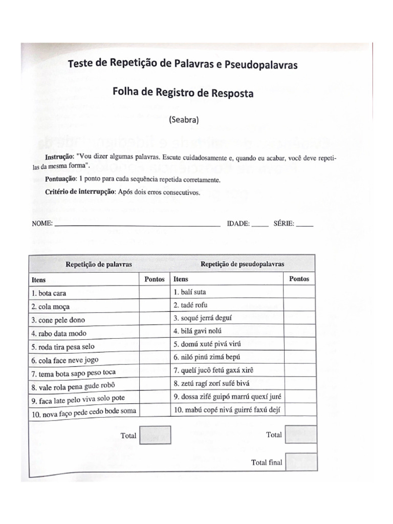 TRPP e PCFOral Teste de Repetição de Palavras e Pseudopalavras | PDF