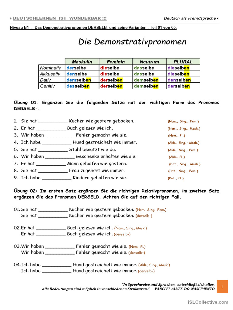 B1 - Das Demonstrativpronomen DERSELB - Und Seine Varianten. Teil 01 ...